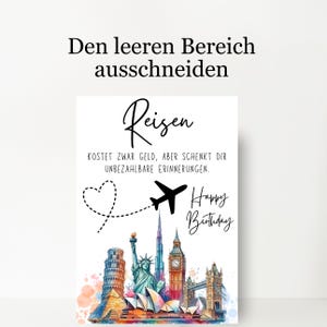 May include: A white card with the word "Reisen" and the text "Happy Birthday". The card features a black airplane, a dotted heart, and watercolor illustrations of famous landmarks.