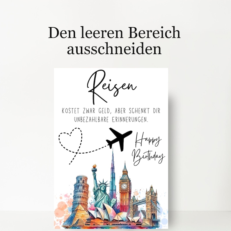 May include: A white card with the word "Reisen" and the text "Happy Birthday". The card features a black airplane, a dotted heart, and watercolor illustrations of famous landmarks.