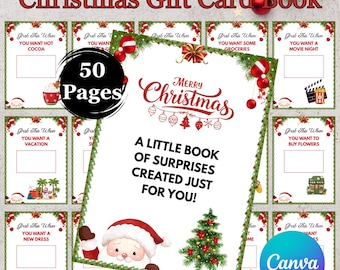 May include: A Christmas Gift Card Book with 50 pages. The cover features a festive design with the words "Merry Christmas" and "A Little Book of Surprises Created Just For You!" Additional pages offer prompts like "You Want Hot Cocoa."