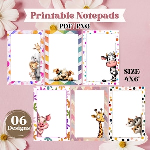 May include: Printable notepads with various animal designs, including a giraffe, dog, cow, and cats. Each notepad has a white interior and a colorful border. The size is 4x6 inches. The image also includes the text "PDF/PNG" and "06 Designs."