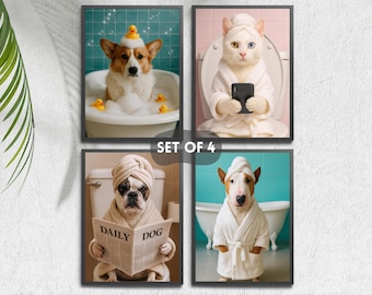 Custom Pet Portrait Photo Funny Dog Bathroom Art Set Of 4 Digital Download