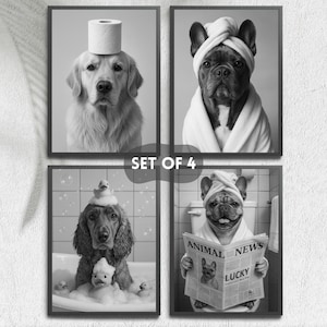 Peut inclure: Ensemble de quatre impressions encadrées en noir et blanc. Les impressions présentent des chiens dans des scènes de salle de bain amusantes. Un affiche un Golden Retriever avec un rouleau de papier toilette sur la tête.
