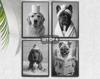 Dazzlewall Incorniciato Divertente Animale Bagno Parete Arte Decorazione, Cane Seduto Sul Water Che Gioca Con Il Telefono Umorismo Poster Immagine per Bagno Toilette 12x16 pollice