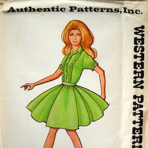 May include: A vintage sewing pattern envelope titled Authentic Patterns, Inc. Western Patterns 233. The illustration features a person with long orange hair wearing a bright lime green button-down dress with a ruffled bodice and a full skirt.