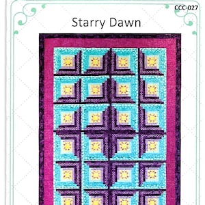 Op de afbeelding: Een quiltpatroon voor een blokhutsterquilt. De quilt is gemaakt van vierkanten van paarse, blauwe en gele stof. Het patroon heet "Starry Dawn" en is 60 inch bij 84 inch. Het patroon is van Curlicue Creations.