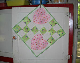 Lots of Love Handmade Quilted Trivet Pink Hearts, Green Nine Patch, Kitchen Decor, Small Quilt Table Topper Mug Rug Table Runner