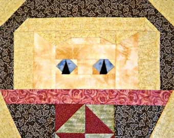 Broken Dishes Cat Paper Pieced Quilt Block Pattern, by Curlicue Creations, Basket Cats Quilting