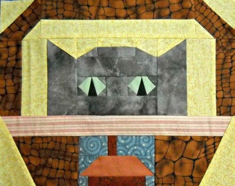 House Cat Paper Pieced Quilt Block Pattern, by Curlicue Creations Kitty Quilting Pattern Basket Cats, Foundation Paper Piecing