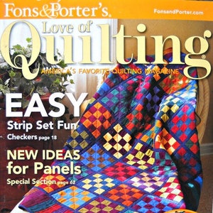 May include: A magazine cover for "Love of Quilting" features a colorful quilt with a diamond pattern. The cover includes text such as "Easy Strip Set Fun" and "New Ideas for Panels." A circular image shows a Halloween-themed quilt.