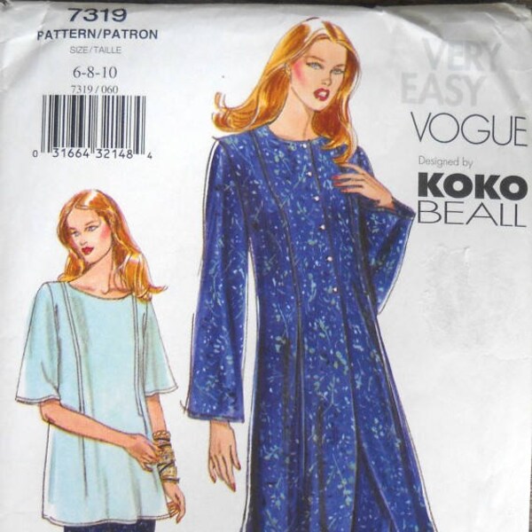 Vogue 7319 Misses Duster haut et pantalon modèle conçu par Koko Beall, tailles 6, 8, 10, usine plié, non-coupe, couture patron Vogue très facile