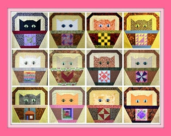 Basket Cat Quilt Block Patterns Complete Set All Twelve Block Patterns, by Curlicue Creations Kitty Quilting Pattern Sampler Blocks