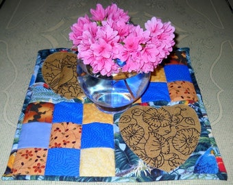 Lots of Love Quilted Trivet Handmade Kitchen Linens Table Topper Mug Rug Parrots