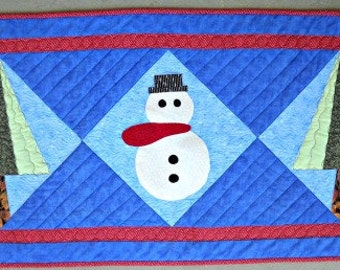 Frosty Quilted Table Runner by Curlicue Creations Snowman Kitchen Decor Winter Table Topper Blue Handmade Christmas