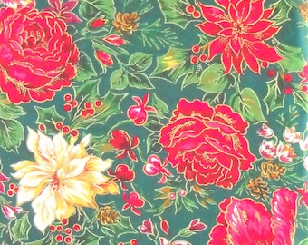 Roses and Poinsettias Christmas Quilt Fabric, 100 Percent Cotton, Fabric by the Yard, Quilting Material Sewing, Vintage, Destash