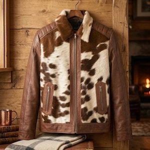 May include: A brown leather jacket featuring a cowhide print panel on the front and a matching cowhide collar. The jacket includes a central zipper closure, two vertical zippered pockets on the front, and long sleeves with stitched detailing at the shoulders.
