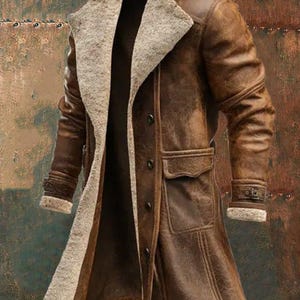 Men's Vintage Distressed Brown Shearling Leather Coat | Winter Long Leather Trench Coat with Belt Handmade Luxury Jacket