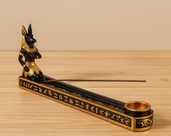 Encensoir Anubis égyptien – Support à Encens bâton – Décoration Spirituelle Artisanale – Hiéroglyphes dorés – Idée Cadeau ésotérique