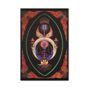 May include: A rectangular wall art print on a black background featuring a central vertical sword, a rainbow arc, and a serpent. The design includes four winged figures in the corners, a crown, and the text INRI at the bottom center.