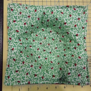 May include: A green and white fabric bowl with a red ladybug pattern. The bowl is quilted and has a square shape.