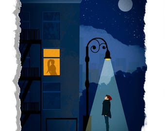 Ilustración de una ciudad solitaria nocturna, impresión digital de arte urbano atmosférico