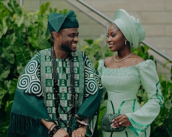 Luxurious Aso-Oke with beaded Embroidery for Couple: Couple Traditional Wedding Outfit, Groom and Bride Customized African Wedding Dress