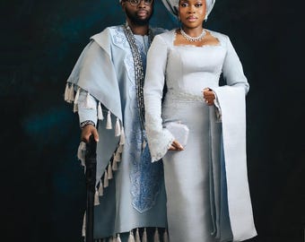 Luxurious Aso-Oke with beaded Embroidery for Couple: Couple Traditional Wedding Outfit, Groom and Bride Customized African Wedding Dress
