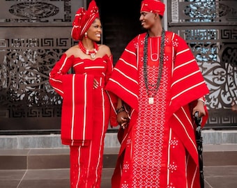 Luxurious Aso-Oke with beaded Embroidery for Couple: Couple Traditional Wedding Outfit, Groom and Bride Customized African Wedding Dress