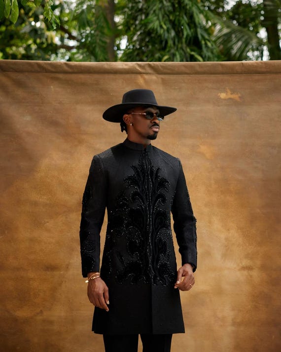 dress for birthday party men Handmade Beaded Black Suit, African Inspired 2-piece Groom Wedding Outfit, Men Ceremonial Latest Fashion Wear, Men alternate_product ASOS DESIGN embellished asymmetric Color:Tiffany Blue