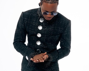 Handmade Beaded Jet Black Angle cut Men Suit, African Inspired 2-piece Groom Wedding Outfit, Men Ceremonial latest fashion wear