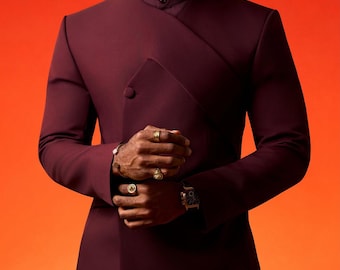 Handmade Beaded Wine  Angle cut Men Suit, African Inspired 2-piece Groom Wedding Outfit, Men Ceremonial latest fashion wear