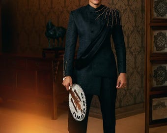 Handmade Beaded Jet Black Angle cut Men Suit, African Inspired 2-piece Groom Wedding Outfit, Men Ceremonial latest fashion wear
