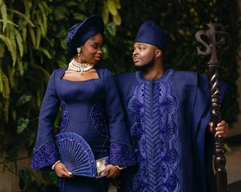 Lujoso Aso-Oke con bordados de cuentas para pareja: Traje de boda tradicional para pareja, vestido de novia africano personalizado para novio y novia.