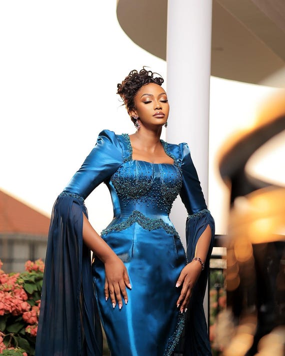 blue african prom dress Luxurious Blue Women Wedding Reception Gown, African Mermaid Gown, African  Prom Dress, Birthday Dress, Bride Wedding Dress, Bridesmaid Dress