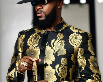 Customized Golden Luxurious Damask Suit with black for Groom: Men Wedding Outfit for All Occasions, Men's Customized African Wedding Suit