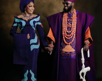 Luxurious Aso-Oke with beaded Embroidery for Couple: Couple Traditional Wedding Outfit, Groom and Bride Customized African Wedding Dress