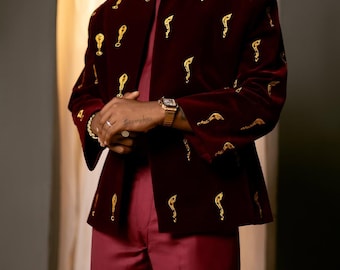 Custom-Made Isiagwu Dark Wine 3 pieces Men Suit, African Inspired 3-piece Groom Wedding Outfit, Men Ceremonial latest fashion wear