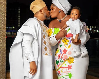 Lussuoso Aso-Oke con ricami di perline per la coppia: abito tradizionale da sposa per la coppia, abito da sposa africano personalizzato per sposo e sposa