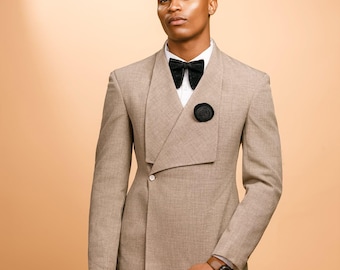 Custom Men's Beige Groom Suit, African Inspired 2-piece Wedding Outfit