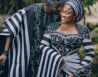 Lujoso Aso-Oke con bordados de cuentas para pareja: Traje de boda tradicional para pareja, vestido de novia africano personalizado para novio y novia.