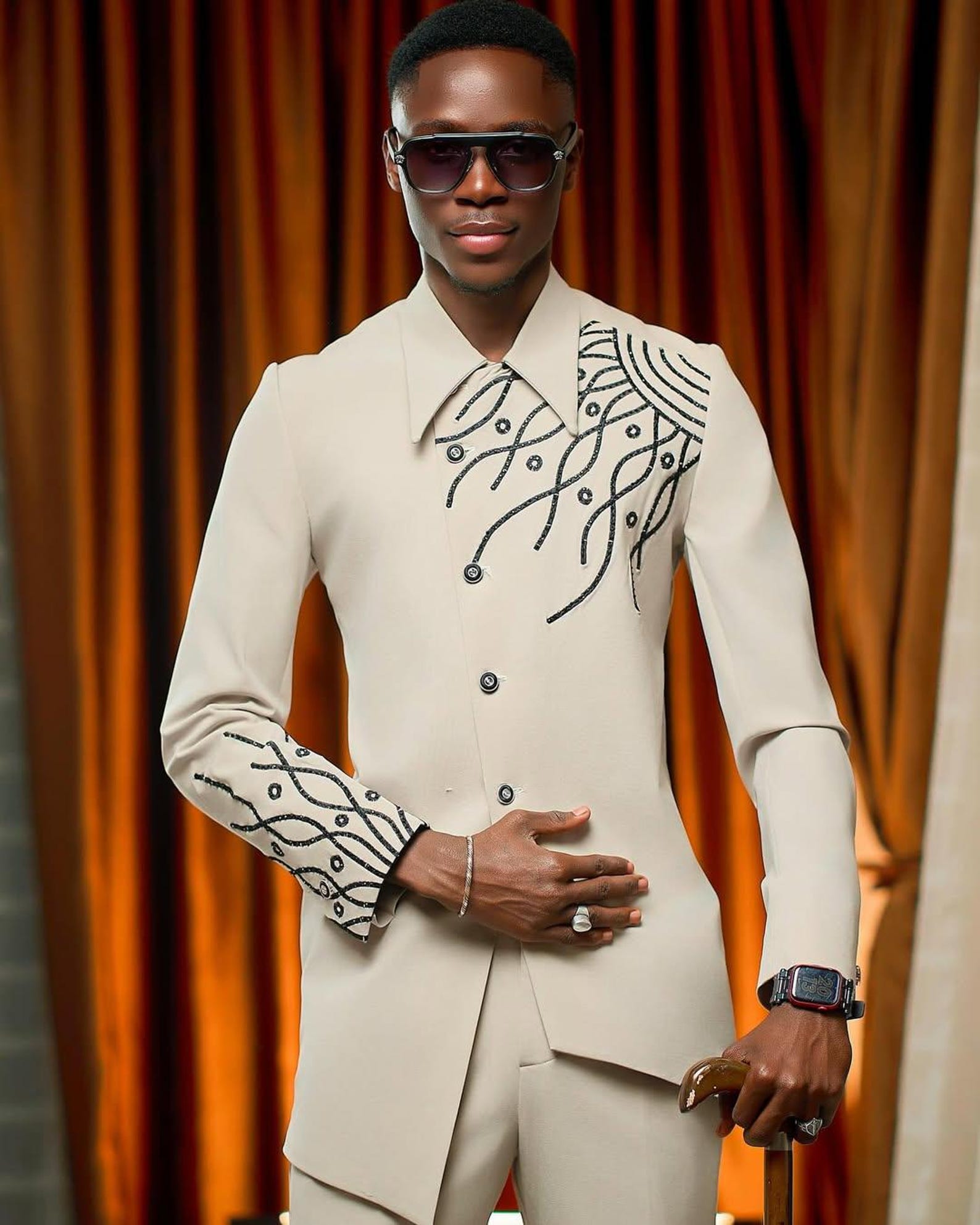 Custom-made Men's Biege Suit With Brown Accent for Groom, African Custom-made Men's Biege Suit With Brown Accent for Groom, African