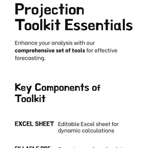 May include: A white graphic with blue and purple design elements. Text reads "Real Estate Projection Toolkit Essentials" with descriptions of Excel sheets, fillable PDFs, and step-by-step guides for real estate analysis.