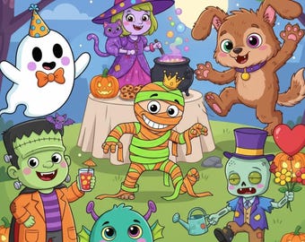 May include: A colorful illustration featuring various cute Halloween monsters. A witch, ghost, mummy, Frankenstein's monster, zombie, and a dog are depicted. The phrase "CUTE SPOOKY MONSTERS" is written at the bottom of the image.