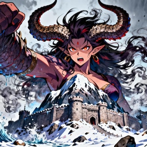 Może przedstawiać: Cyfrowa ilustracja żeńskiego demona z dużymi rogami, czerwonymi oczami i długimi czarnymi włosami. Jest umieszczona przed ośnieżoną górą i zamkiem. Obraz ma motyw fantasy z dramatyczną, zorientowaną na akcję kompozycją.