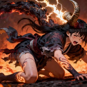 Może przedstawiać: Ilustracja w stylu anime przedstawia postać z długimi czarnymi włosami i dużymi rogami, klęczącą pośród płomieni. Postać ma na sobie ciemne kimono, z którego ciała emanuje ognista energia. Tło wypełnione jest ogniem i błyskawicami.