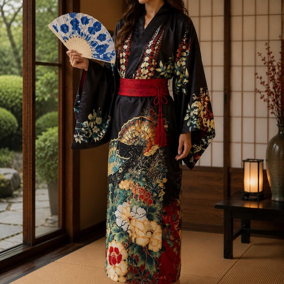 着物・浴衣 Ribbon Sleeve Flower Yukata Elegant Japanese Kimono for Women – Traditional Floral Yukata With