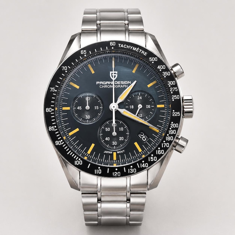 May include: A stainless steel Pagani Design chronograph watch with a black dial, yellow accents, and a tachymeter bezel. The watch features three sub-dials and a date display at the 3 o'clock position. The watch band is made of stainless steel.