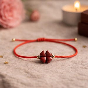 Natural Cinnabar Lucky Clover Red String Bracelet – Handmade Rope Adjustable Protection Bracelet for Women & Men, Gift in Organza Bag