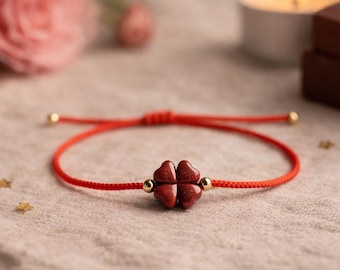 Natural Cinnabar Lucky Clover Red String Bracelet – Handmade Rope Adjustable Protection Bracelet for Women & Men, Gift in Organza Bag