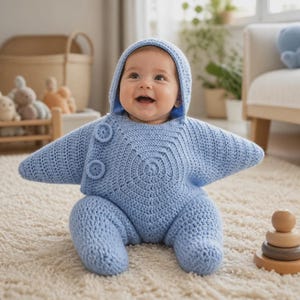Puede incluir: Un pelele de bebé de ganchillo en color azul claro, con mangas largas y capucha, que presenta un diseño en forma de estrella con un patrón circular en el pecho y dos botones redondos a juego en el lado superior derecho, cubriendo brazos y piernas.