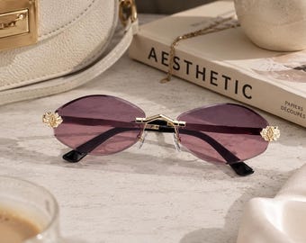 Luxury Rimless Y2K Sunglasses for Women, Vintage Diamond Frame Shades, Trendy Purple Gradient Sun Glasses, Fashion Streetwear Eyewear